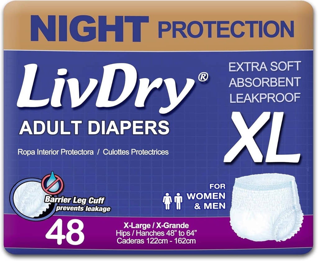 LivDry Adult XL Incontinence Underwear, Overnight Comfort Absorbency, Leak Protection, X-Large, 48-Pack