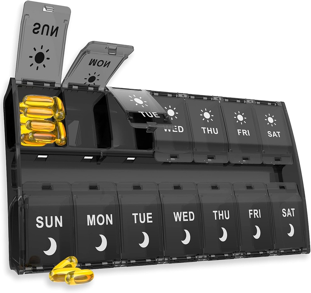 XL Large Pill Organizer 7 Day, Weekly Medicine Pill Box 2 Times a Day，Am Pm Pill Case Organizer 14 Compartments with Hinged Lids Design，Daily Box Pill Dispenser for Fish Oil/Supplements(Black)