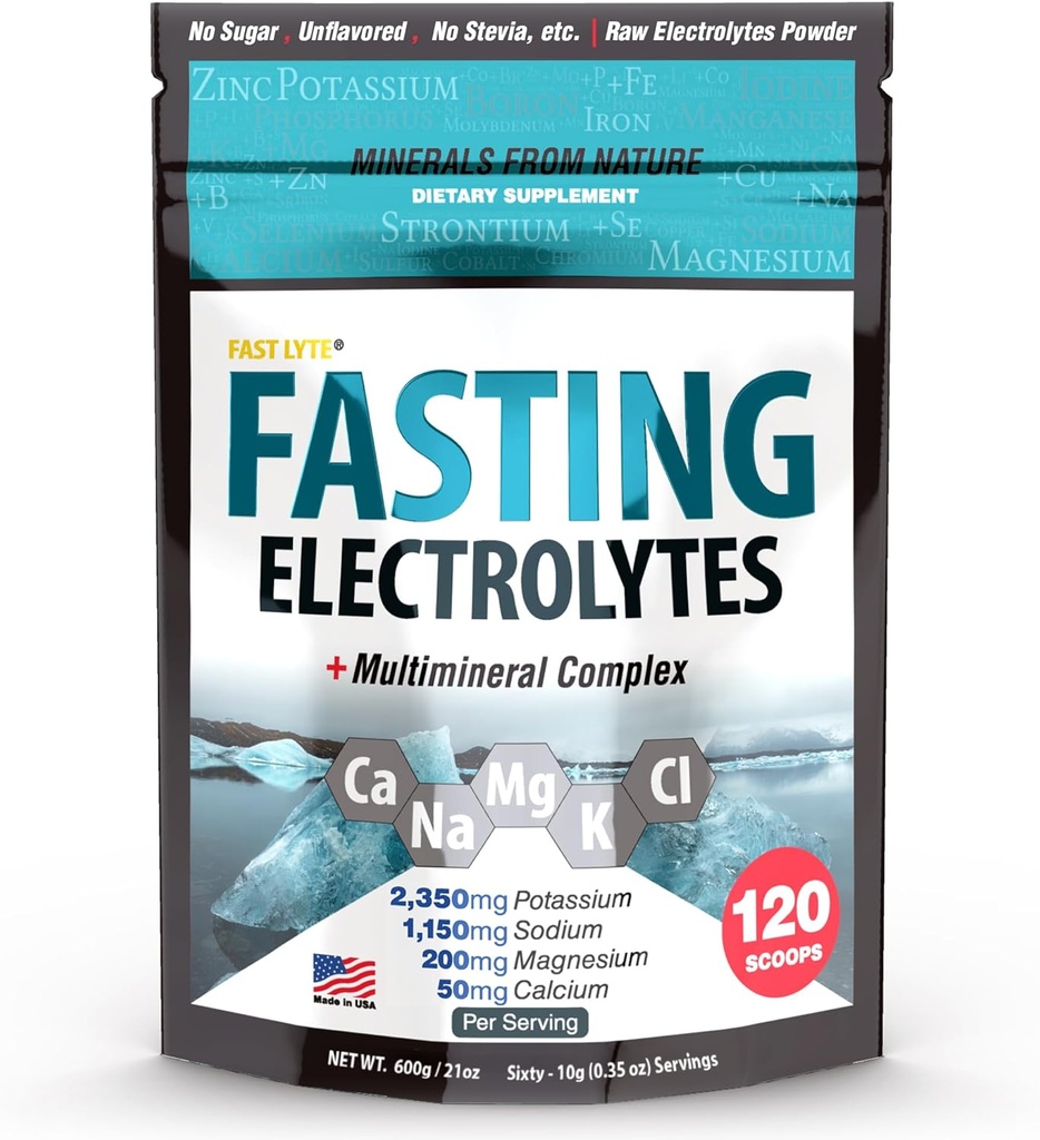 Fasting Electrolyte Supplement Powder | No Sugar Unflavored Raw Electrolytes | 50% RDI Magnesium and Potassium with Trace Minerals | Carnivore & Keto Friendly | Sugar Free Fasting Salts