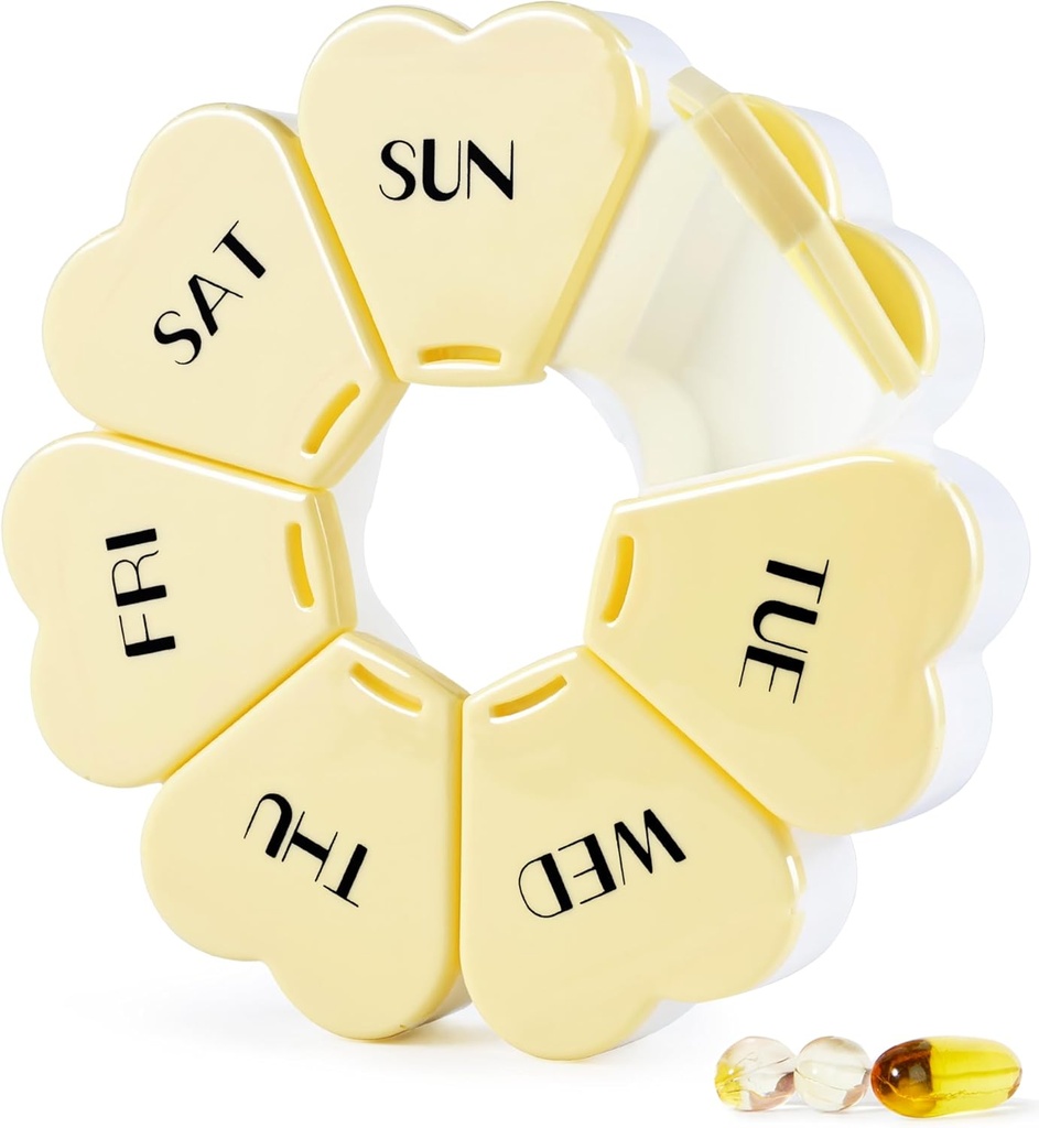MOLN HYMY Large Weekly Pill Box 7 Day, Pill Case Organizer, Flower Pill Container Once Daily, Round Medicine Dispenser for Vitamin/Fish Oil/Medication/Supplement (Yellow)