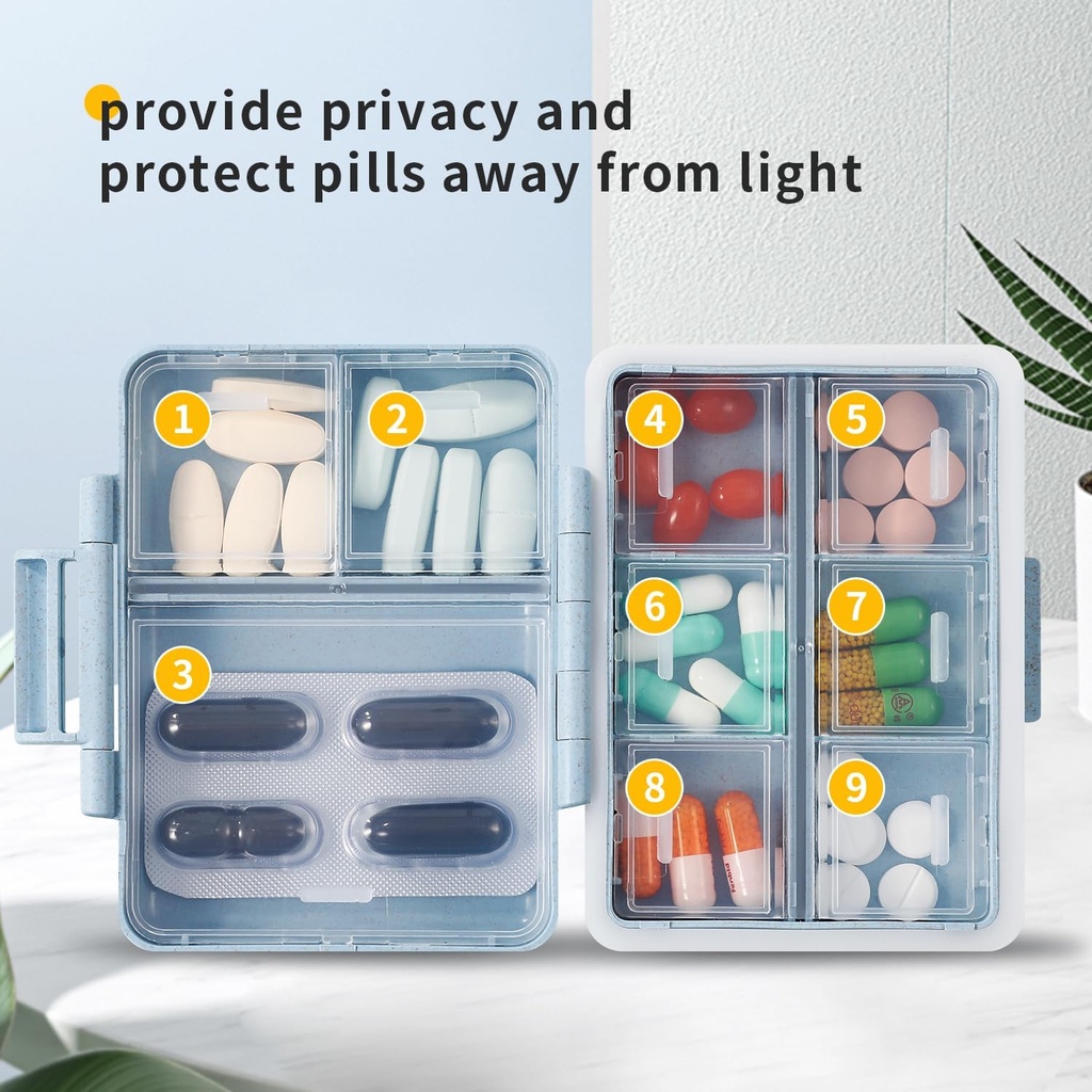 2 Pack 9 Compartments Travel Pill Organizer Box Moisture Proof Small Pill Case for Pocket Purse Daily Pill Holder Container for Medicine Vitami