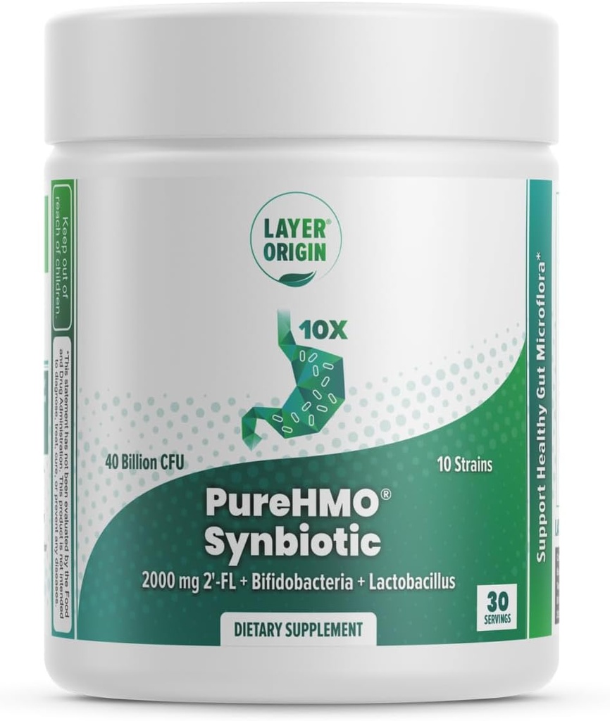 Layer Origin | PureHMO Synbiotic: Prebiotic + Probiotic, 2000 mg of Human Milk Oligosaccharides Powder, 10 Strains, 40 Billion Probiotic - Powder Form
