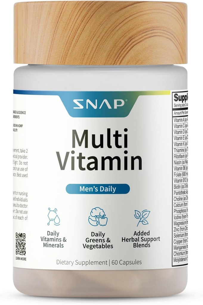 Snap Supplements Men's Multivitamins - Daily Vitamins & Minerals for Men - Vitamin D, B12, Zinc, Herbs & Vitamin C for Energy & Immune Support, Multivitamin for Men, 60 Capsules