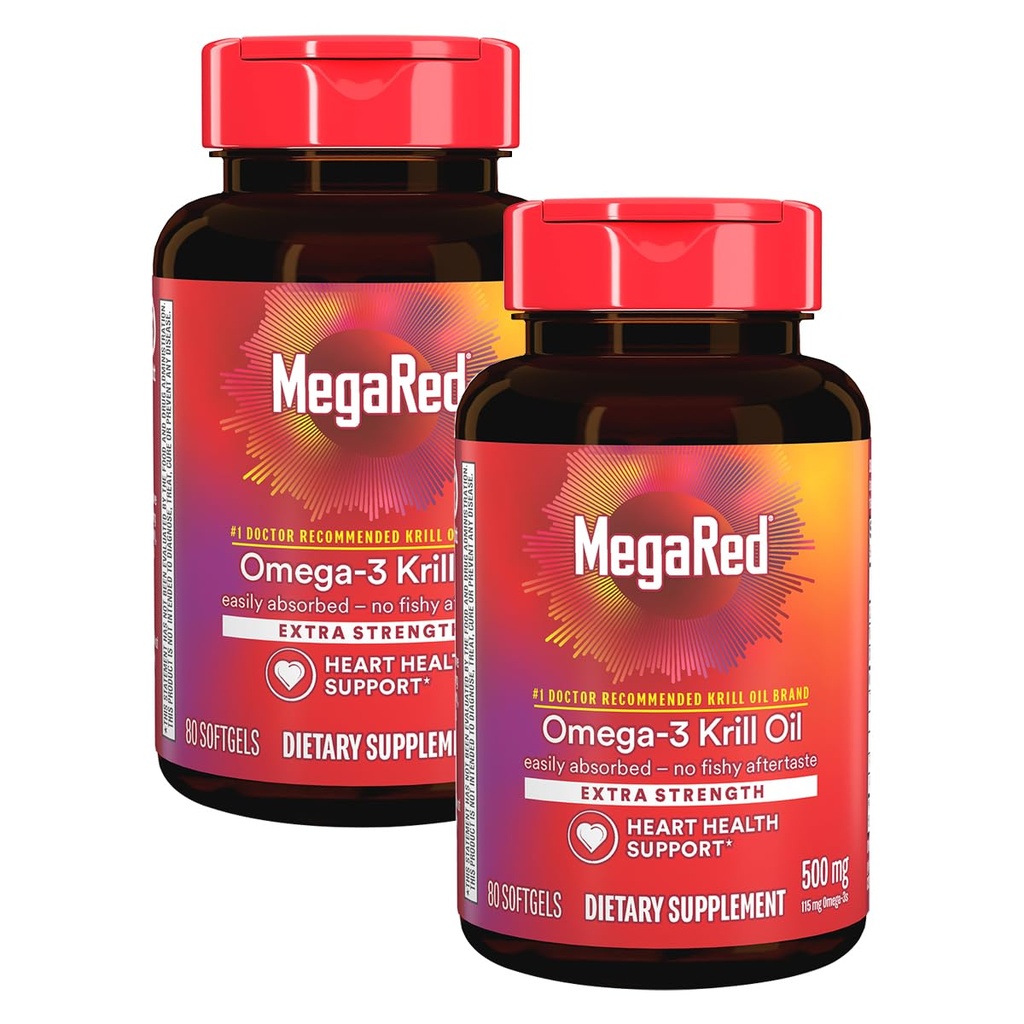 MegaRed Extra Strength 500mg Omega-3 Krill Oil Supplement with EPA/DHA, No Fishy Aftertaste Supports Heart Health, 80 Count Softgels (2 Pack)