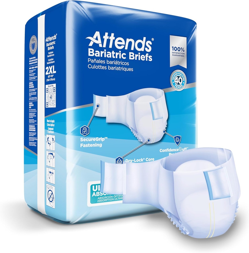 Attends Bariatric Incontinence Disposable Briefs, XX-Large, 63"-70" Waist with Tab Closures, Ultimate Absorbency and Leakage Protection, 48ct Case