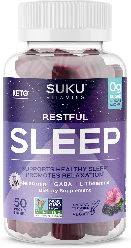 SUKU Restful Sleep Gummies – 3 mg Melatonin, L-Theanine & GABA – Vegan, Sugar-Free Chewable for Relaxation & Natural Sleep Support – BlackBerry-Hibiscus Flavor – Non-GMO, Gluten-Free – 50 Count