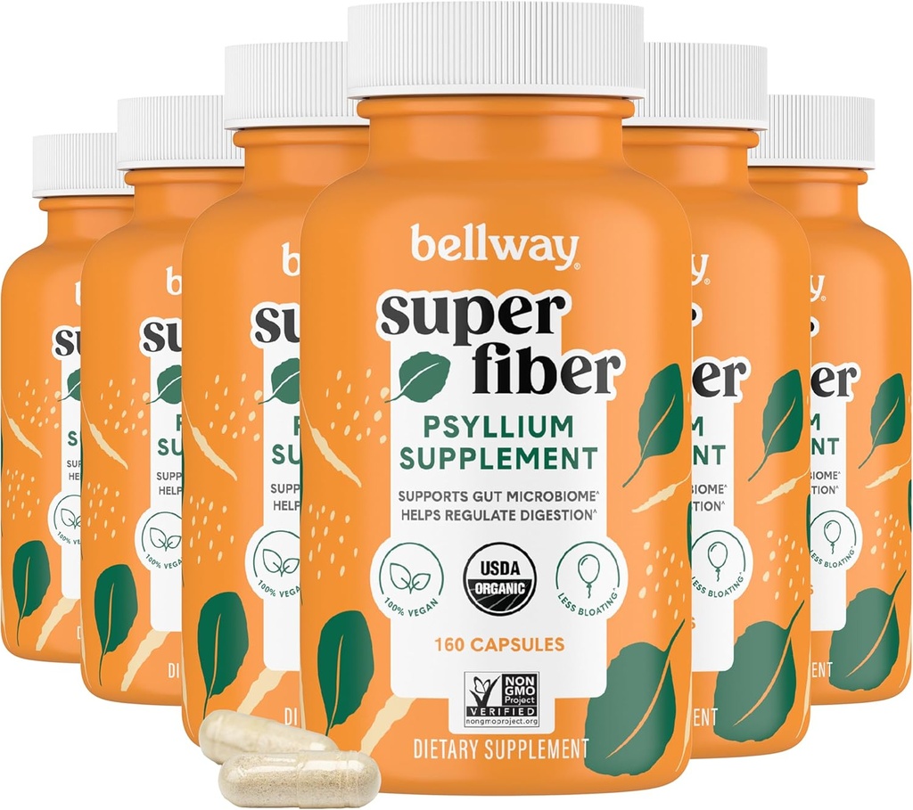 Bellway Super Fiber Capsules (6 Pack) - USDA Organic Psyllium Husk Capsules - Daily Psyllium Husk Fiber Supplement for Digestive Health and Regularity, Plant Based, Non-GMO, Kosher - 960 Capsules