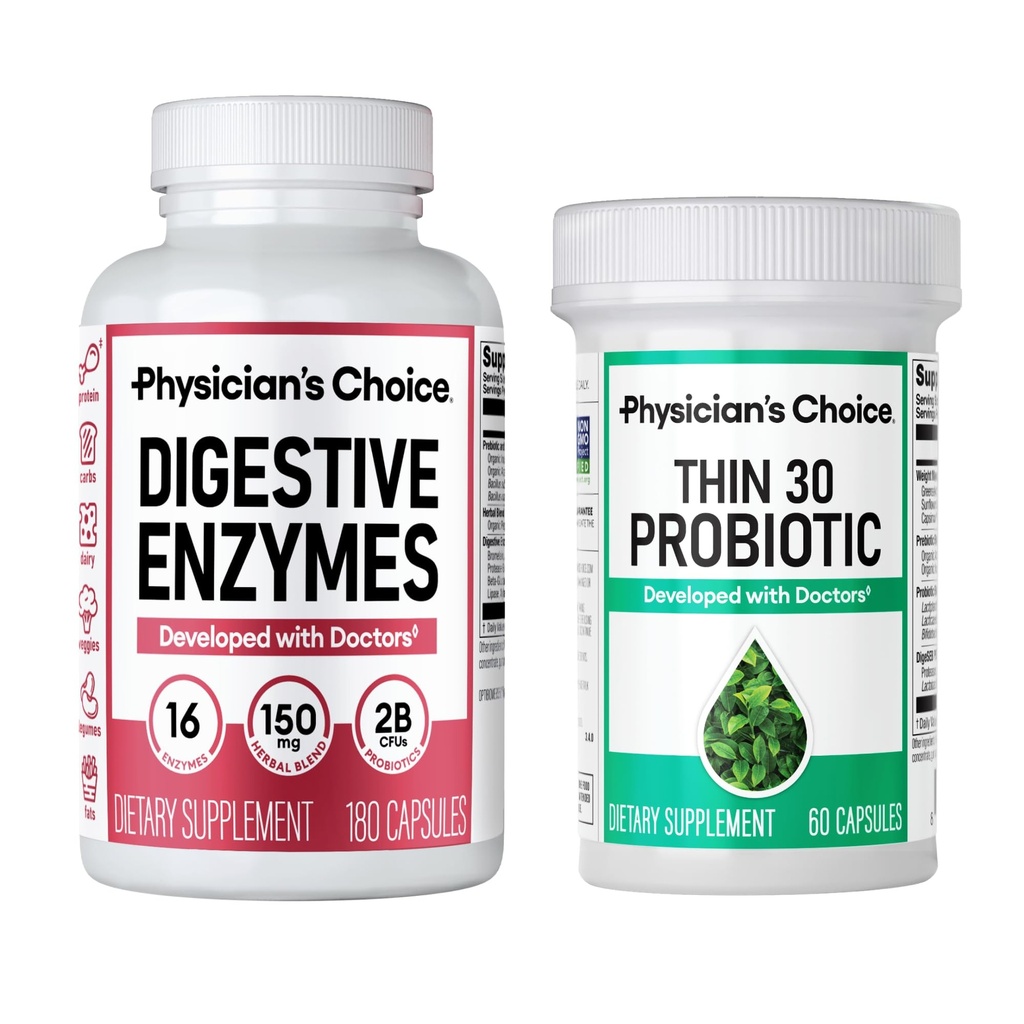 Physician's CHOICE - Beat Bloat + Support Weight Management Bundle: Digestive Enzymes 180ct + Thin-30 Probiotic 60ct - Value Pack