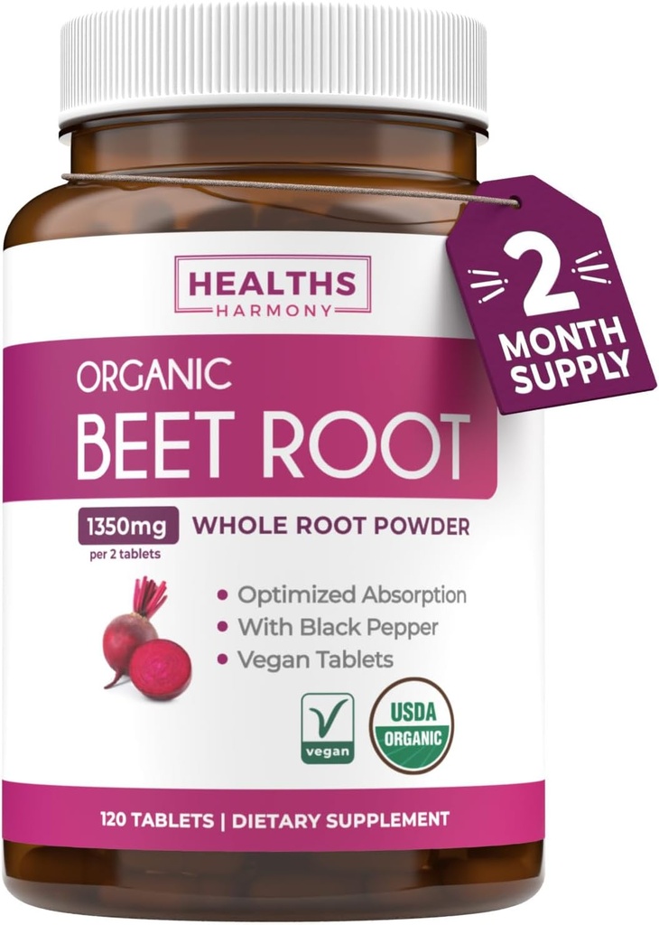 USDA Organic Beet Root Powder (120 Tablets) 1350mg Beets Per Serving with Black Pepper for Extra Absorption - Super Antioxidant and Nitrate Supplement for Athletic Performance and Stamina- No Capsules