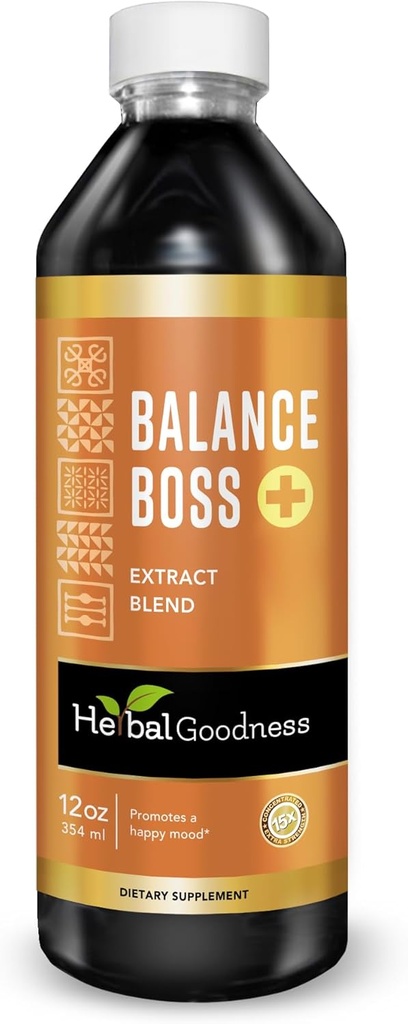 Herbal Goodness Happy Mood Support Supplement - St Johns Worth Promotes Relaxation and Calmness, Rhodiola Rosea Balance Boss 12 Fl. oz