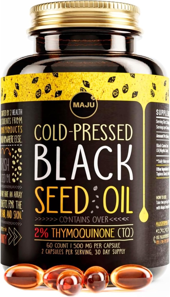 Maju Superfoods Black Seed Oil Capsules - Cold Pressed, 2% Thymoquinone, 100% Turkish Black Cumin Nigella Sativa Seed Oil, Liquid Pure Blackseed 60 Count, 500mg per Capsule