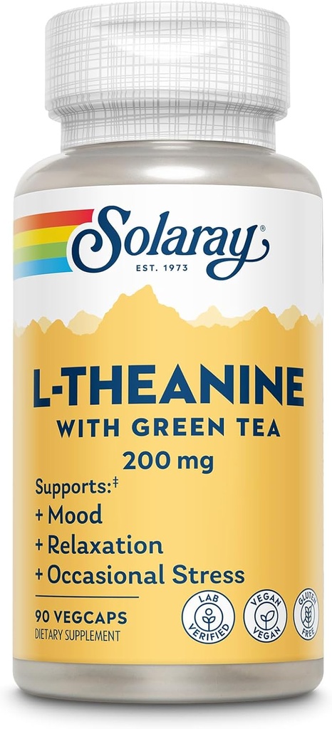 SOLARAY L-Theanine 200mg with Green Tea - Healthy Mood, Relaxation and Occasional Stress Support - Lab Verified, Vegan, Gluten Free - 90 Servings, 90 VegCaps