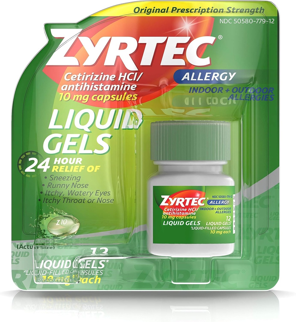 Zyrtec 24 Hour Indoor & Outdoor Allergy Liquid Gels, Antihistamine Capsules with Cetirizine Hydrochloride for All-Day Allergy Relief, 12 ct (Pack of 2)