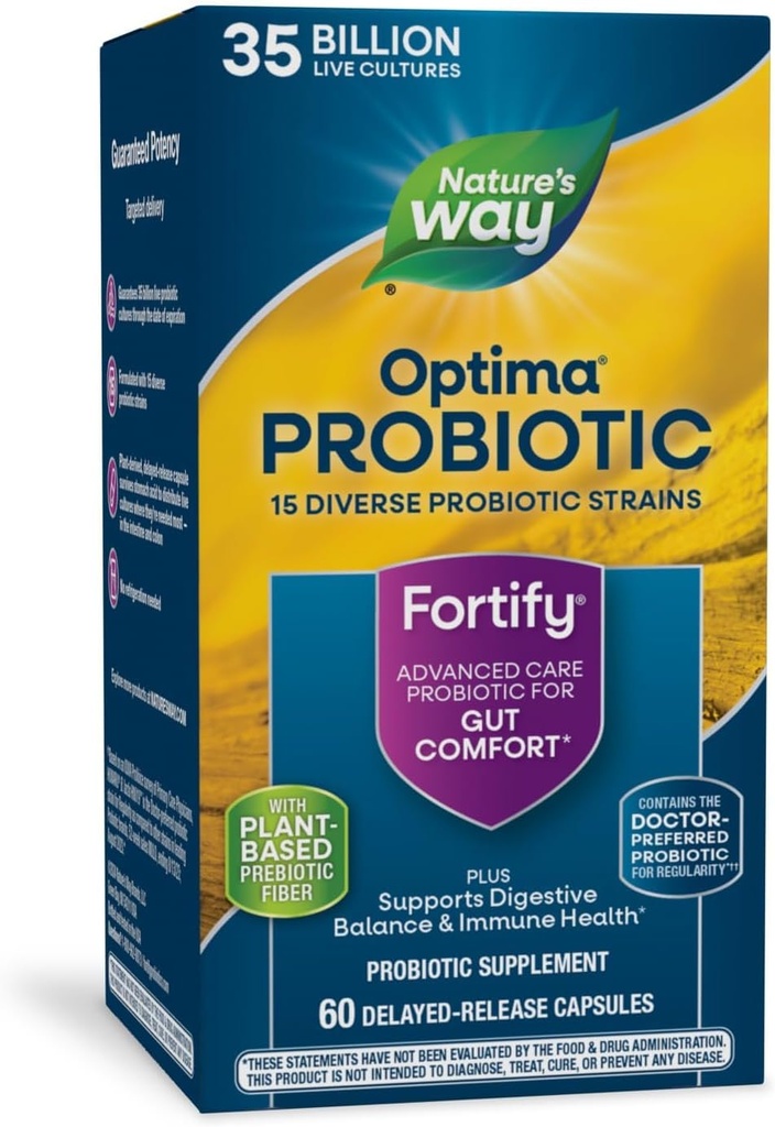 Nature's Way Fortify Optima Probiotic for Adults, 35 Billion Live Cultures, 15 Strains, Supports Digestive Balance and Immune Health*, No Refrigeration Required, 60 Capsules (Packaging May Vary)
