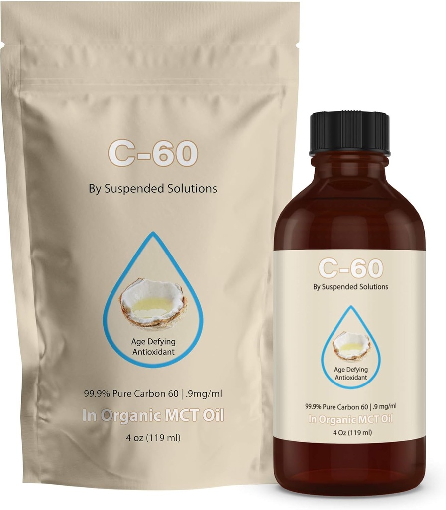 C-60 MCT - 4oz -99.9% Pure C-60 in Organic Extra Virgin MCT Oil - 100% Solvent Free - 108mg Active C60 - Glass Bottle - Carbon 60