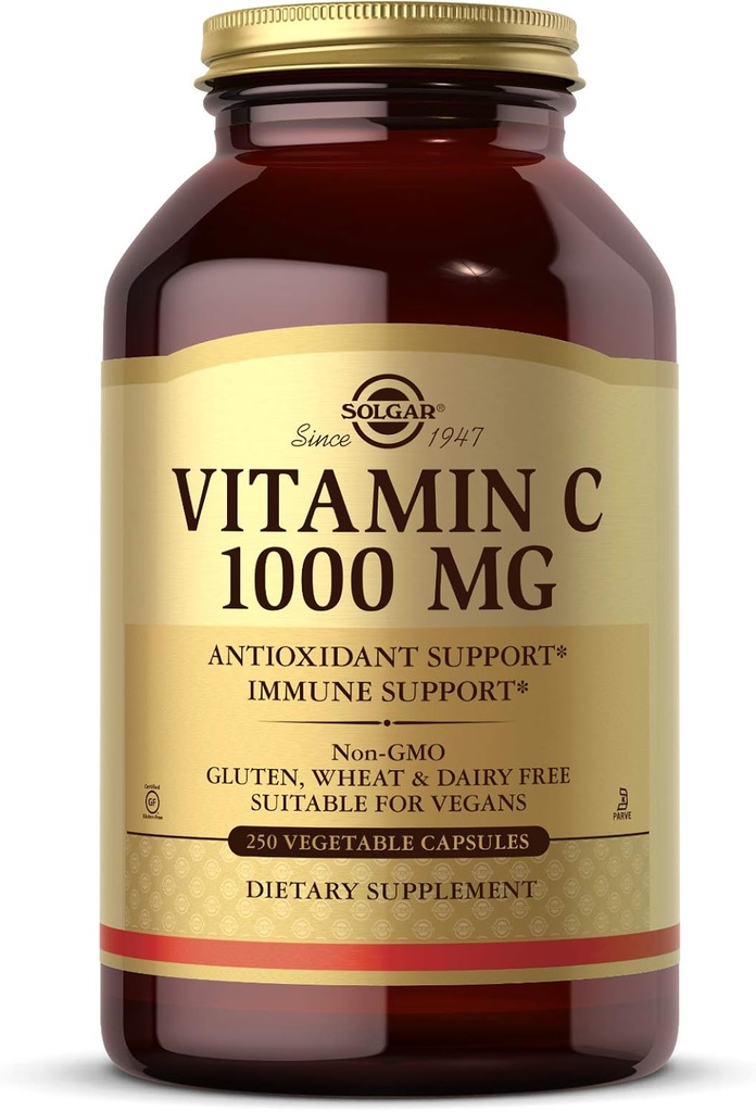 Solgar Vitamin C 1000 mg, 250 Vegetable Capsules - Antioxidant & Immune Support - Overall Health - Healthy Skin & Joints - Bioflavonoids Supplement - Non GMO, Vegan, Gluten No, Kosher - 250 Servings