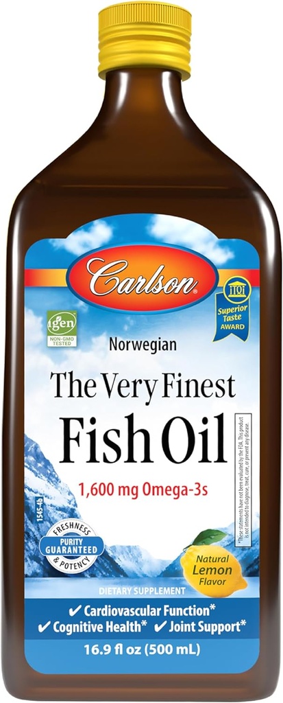 Carlson - The Very Finest Fish Oil, 1600 mg Omega-3s, Liquid Supplement, Norwegian, Wild-Caught, Sustainably Sourced , Lemon, 16.9 Fl Oz