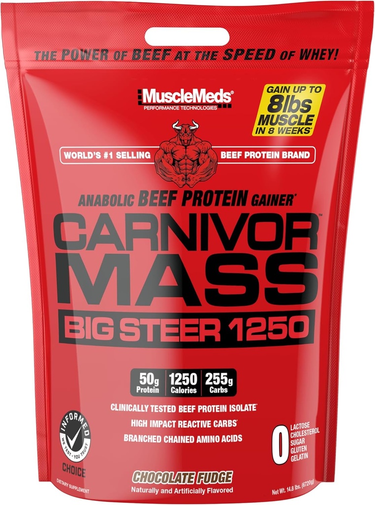 MuscleMeds Carnivor Mass Anabolic Beef Protein Gainer, Big Steer, Vanilla, 15 Pounds