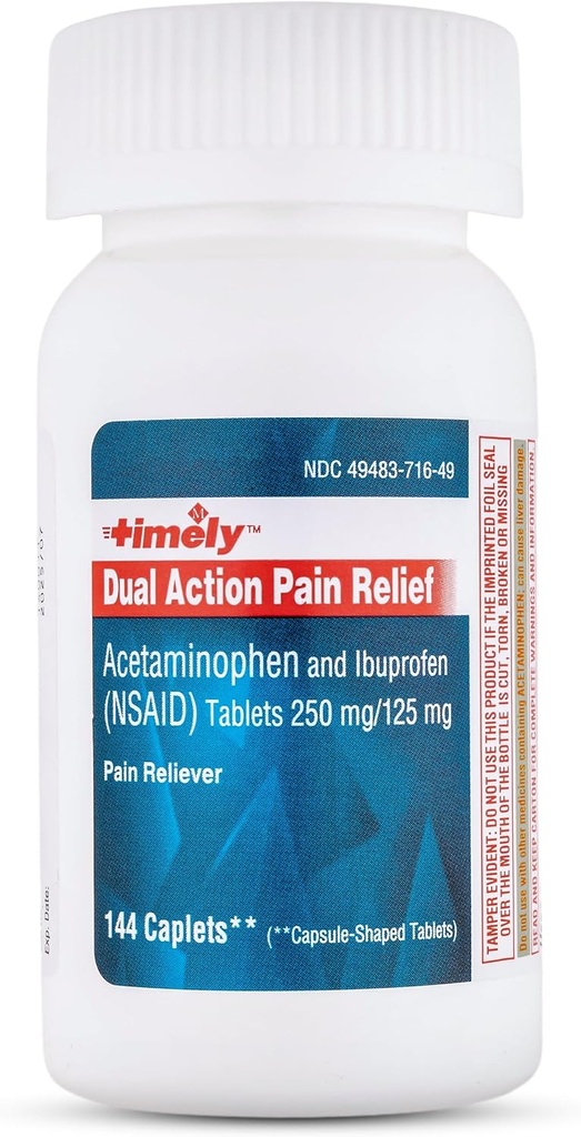 Timely Dual Action Acetaminophen 250 mg and Ibuprofen 125 mg – Generic Pain Reliever, Fever Reducer, Headache Relief, Menstrual Pain, Tooth Aches, Muscle Ache, Arthritis Pain Relief - 144 Count
