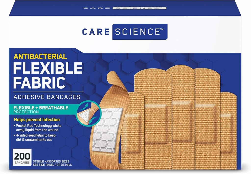 Care Science Fabric Adhesive Bandages, 200 ct Bulk Assorted Sizes | Flexible + Breathable Protection for First Aid and Wound Care