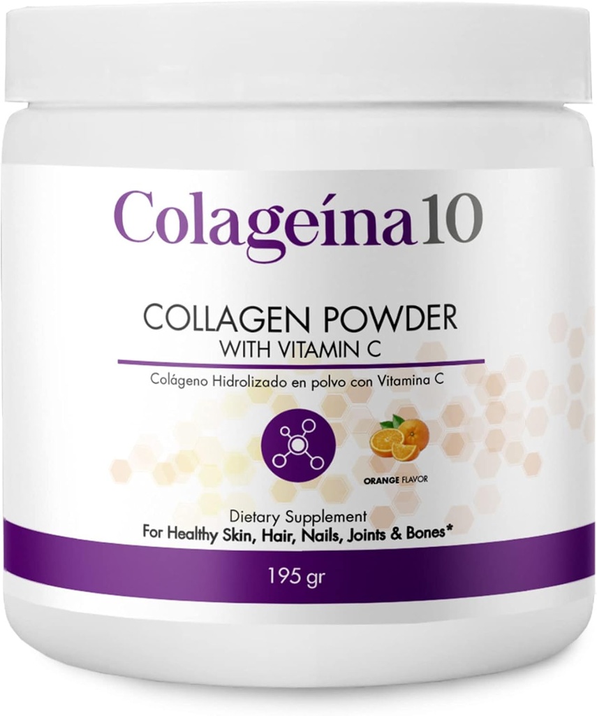 Colageina 10 Hydrolyzed Collagen Powder with Vitamin C (195 gr) - Orange Flavor - Anti-Aging Dietary Supplement for Healthy Skin, Hair, Nails, Joints, and Bones