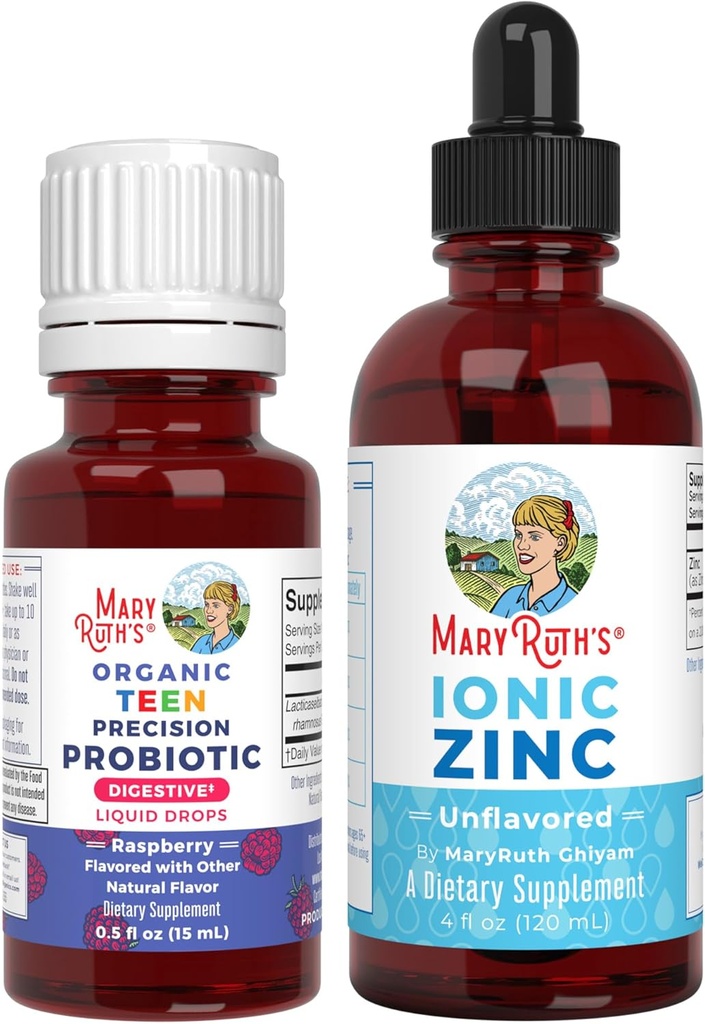 MaryRuth Organics Precision Probiotic for Teens (Raspberry) & Zinc Drops | Clean Label Project Verified® | Vitamins for Gut Health, Immune Support, & Overall Wellness | Vegan, Non-GMO, Gluten Free