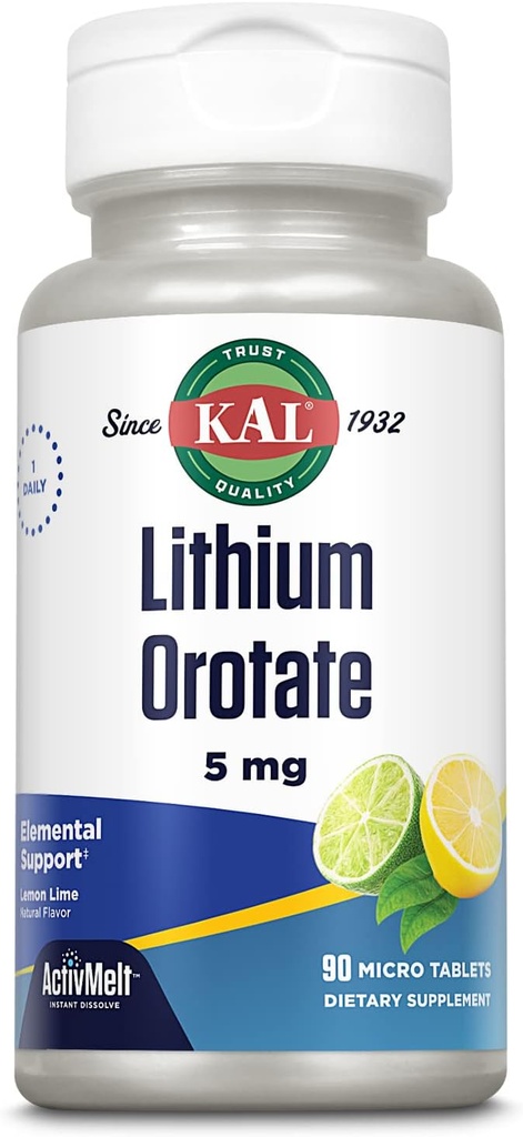 KAL Lithium Orotate ActivMelt 5mg, Chelated Lithium for Optimal Absorption and Bioavailability, Healthy Mood Support, Natural Lemon Lime Flavor, Instant Dissolve Tablets, 90 Servings, 90 Micro Tablets