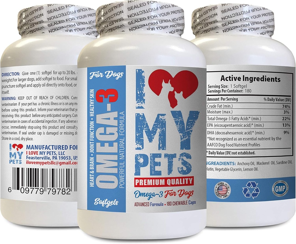 I LOVE MY PETS LLC Dog Protein Supplement - Omega 3 Fish Oil for Dogs - Advanced Premium Quality - epa for Dogs - 180 Softgels (1 Bottle)