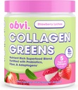 Obvi Collagen Greens | Organic Greens Superfood Powder with Collagen Peptides | Probiotics for Gut Health, Skin, Hair, Nails | Gluten-Free, Zero Sugar | Strawberry Lychee Flavor, 25 Servings