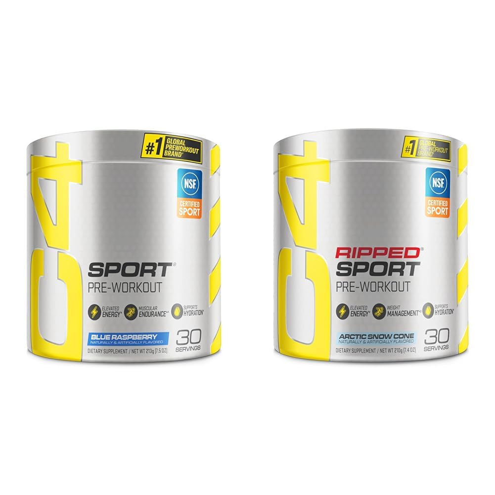 Cellucor C4 Sport Pre Workout Powder Blue Raspberry for Sport 30 Servings & C4 Ripped Sport Pre Workout Powder Arctic Snow Cone - NSF Certified for Sport + Sugar Free Preworkout Energy Supplement