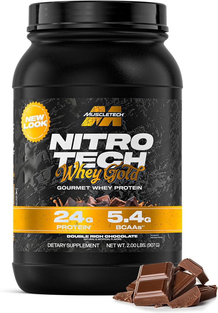 Muscletech Whey Protein Powder (Double Rich Chocolate, 2LB) - Nitro-Tech Whey Protein Isolate Smoothie Mix for Lean Muscle &amp; Recovery - 24g of Whey Gold for Women &amp; Men - Packaging May Vary