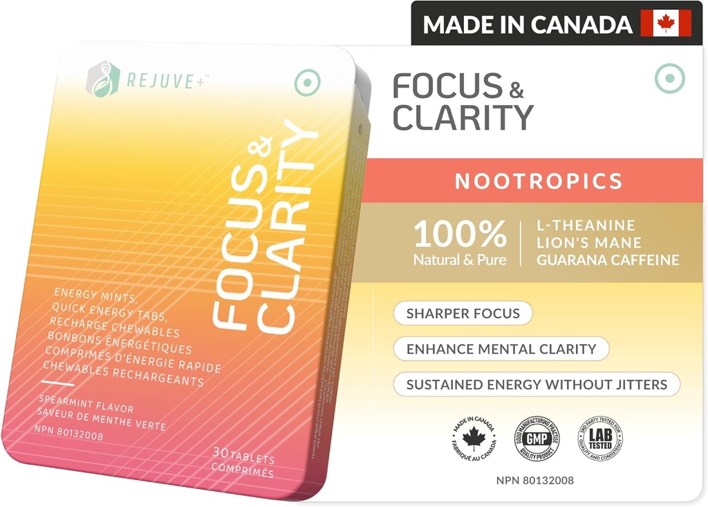 Focus & Clarity Nootropic Supplement – Brian Boost | L-Theanine, Caffeine, Lion’s Mane, Magnesium, Vitamin B6 & B12 | Brain Support, Memory, Focus & Energy | Mint Flavor (30 Chewables) (1)