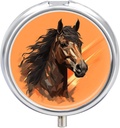 Travel Pill Box for Purse & Pocket,Orange Background with Horse Head Print Metal Small Pill Case,Round Cute Pill Organizer,3 Compartment Pill Container,Mini Pill Boxes for Pills,Vitamins,Supplements,a