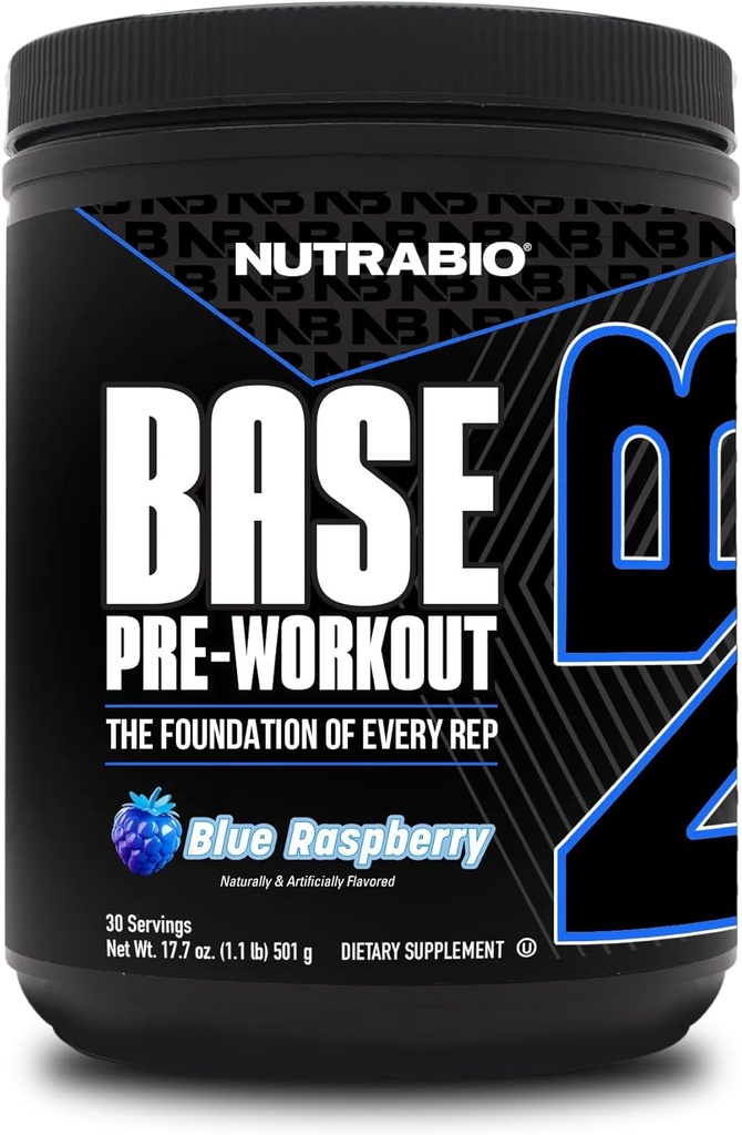 NutraBio Base Pre-Workout Powder 200mg Caffeine, Sustained Energy, Focus, Endurance, Pump, Sugar Free, Clean Preworkout for Men and Women - Beta Alanine, L-Tyrosine, 30 Servings - Blue Raspberry