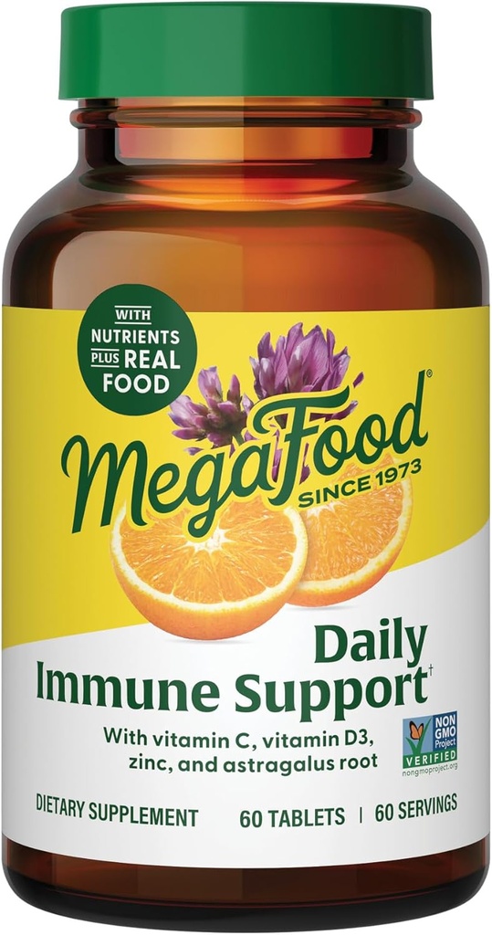 MegaFood Daily Immune Support - Immune Support Supplement with Vitamin C, Vitamin D, Zinc, Astragalus Root, and More - Vitamins for Women & Men - Non-GMO - Made Without 9 Food Allergens - 60 Tabs