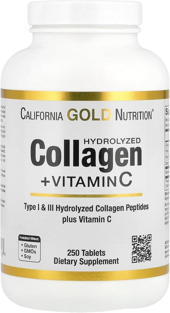 California Gold Nutrition Hydrolyzed Collagen Peptides + Vitamin C Support for Hair, Skin, Nails, Joints, & Bones - Featuring Type I & III Collagen Peptides - Gluten Free, Non-GMO - 250 Tablets