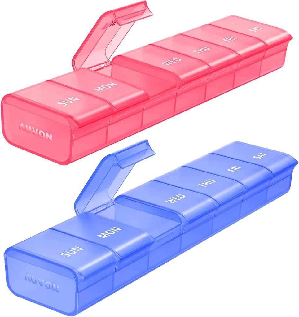AUVON 2 Pack Weekly Pill Organizer, Dual-Color Large Pill Case Set for Multiple Pill Tracking, Pill Box 7 Day for Travel, Pill Container for Home Use to Hold Vitamins, Supplements, Medications