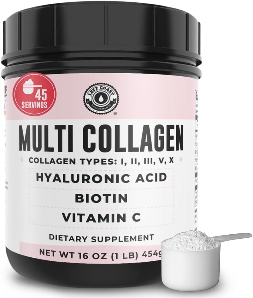 Multi Collagen Peptides Powder Types I, II, III, V, X Multi Collagen Protein Powder with Hyaluronic Acid, Biotin, Vitamin C, For Skin Hair Nails Joints and Gut Health - Keto, Non-GMO Supplement