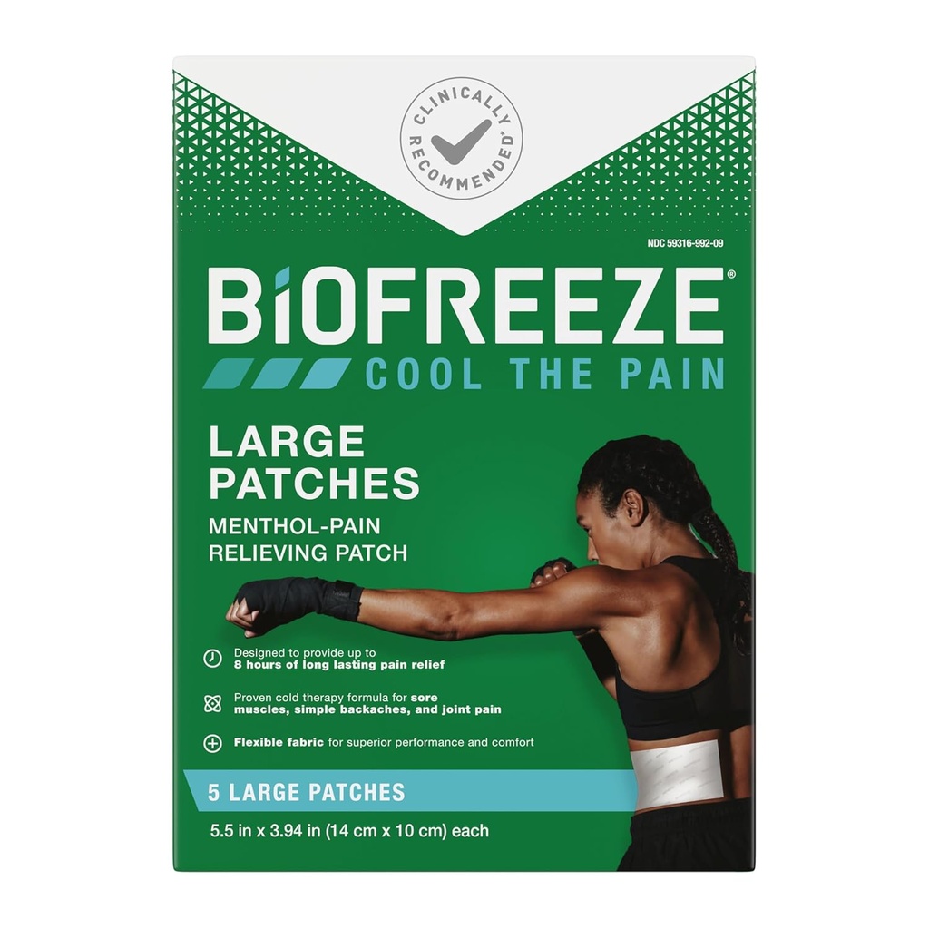 Biofreeze Large Pain Relief Patches, Menthol Pain Patches for Lower Back, Neck, Knee, & Shoulder, Comfortable & Flexible Fabric Stays in Place, FSA Eligible, 5 ct