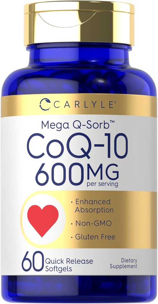 Carlyle CoQ10 600 mg Softgels | 60 Count | Mega Q-Sorb Coenzyme Q-10 | with Black Pepper Extract | Non-GMO & Gluten Free Supplement