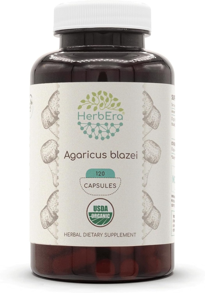 HerbEra Agaricus Blazei USDA Organic 120 Capsules | Natural Herbal Supplement | Certified Organic Vegetarian Capsules and Organic Agaricus Blazei (Agaricus blazei murill) Dried Mushroom (120 Capsules)