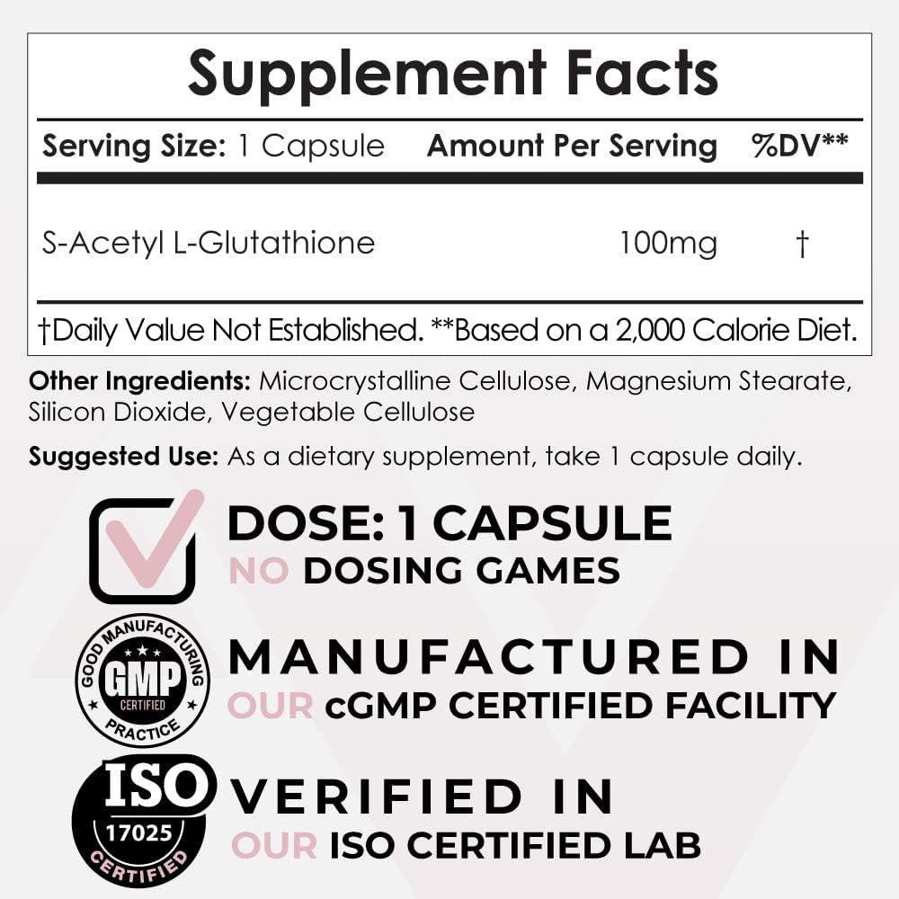 S-Acetyl L-Glutathione Capsules | 100mg | 180 Count | High Bioavailabliity Glutathione | Nootropics Depot