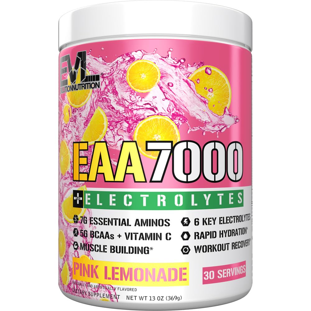 Evlution Nutrition EAA7000 + Electrolytes - Pre & Post Workout Powder - Muscle Building + Recovery Supplement - 7g EAAs + 5g BCAAs + 6 Key Electrolytes - Rapid Hydration - 30 Servings - Pink Lemonade