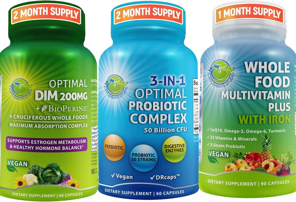 Hormonal Balance & Digestive Health Trio – DIM 200mg with BioPerine® & Cruciferous Veggies + 3-in-1 Probiotic with Prebiotic and Enzymes + Whole Food Multivitamin with Iron – Vegan Wellness Support