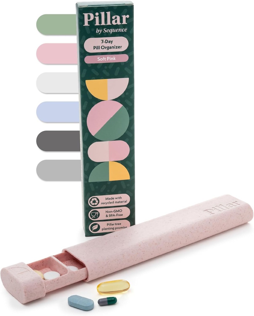 Pillar - 7 Day Pill Box Organiser | BPA-Free Wheat Straw Pill Organiser | Beautiful Tablet Organiser for Travel and Home (Soft Pink)