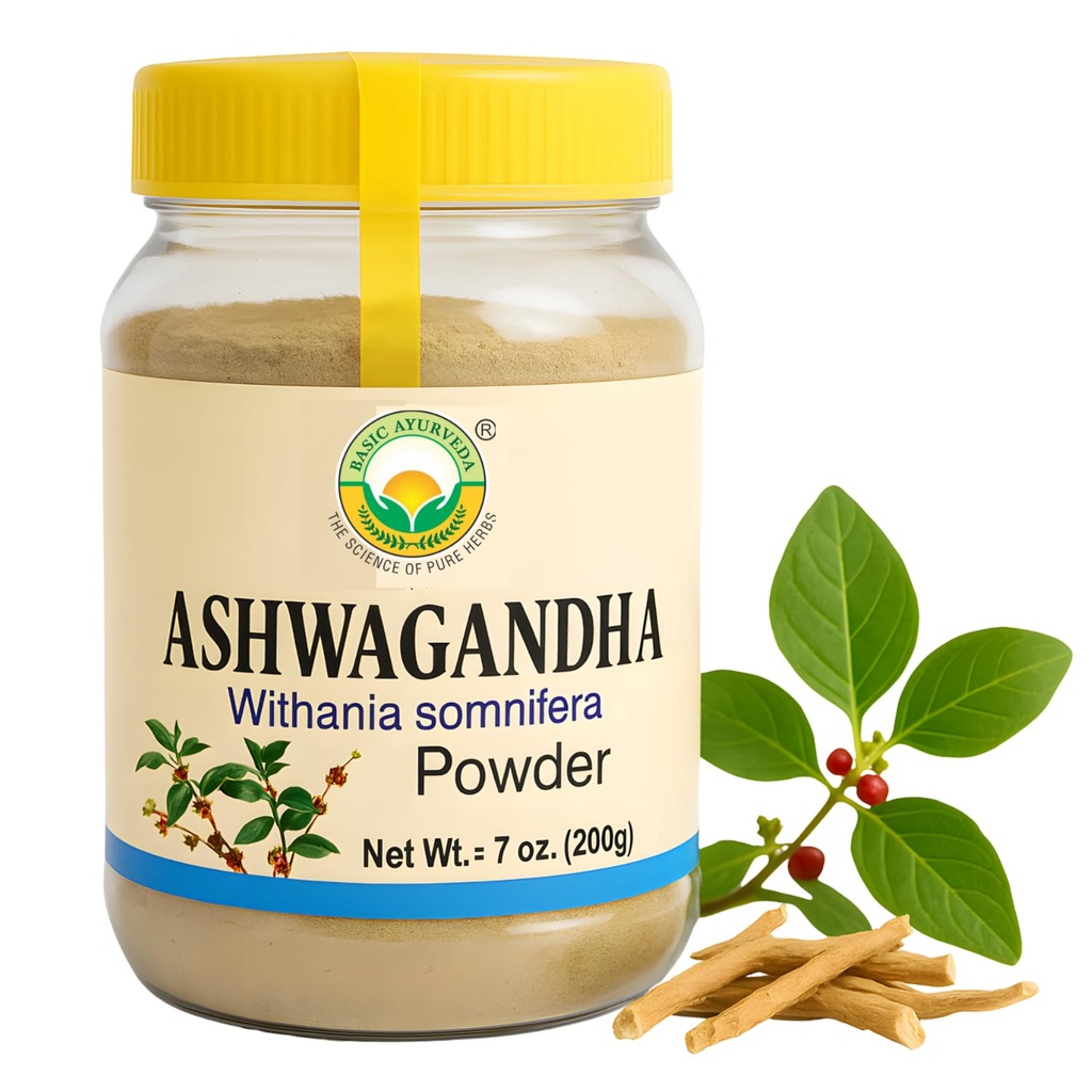 BASIC AYURVEDA Ashwagandha Powder | Support Strength | Stress Relief Herbal Supplement | Immunity | No Additives | Adaptogenic Superfood for Smoothies, Shakes & Wellness | 7.05 Oz (200 gm)