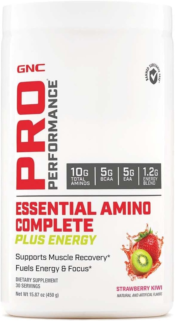 GNC Pro Performance Essential Amino Complete Plus Energy, Supports Muscle Recovery, Strawberry Kiwi, 15.9 oz.