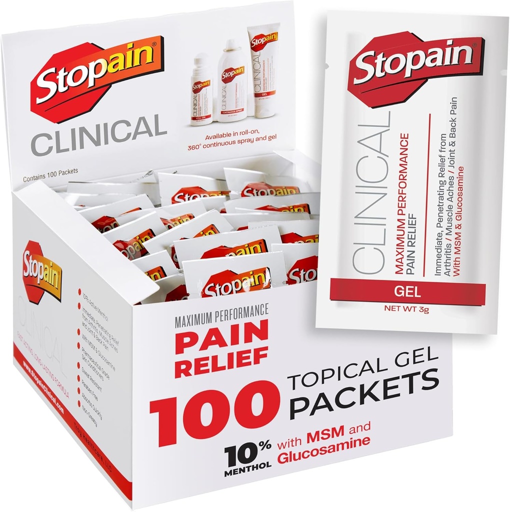 Stopain Pain Relief Clinical Gel Packets, 100 Pack, Made in USA, Maximum Performance Pain Relief with 10% Menthol Plus Glucosamine for Muscle Aches, Joint Pain, and Arthritis
