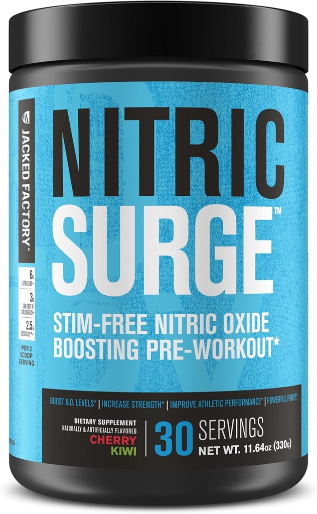 Jacked Factory Nitric Surge Stim Free Pre Workout Powder - Caffeine-Free Nitric Oxide Supplement w/Con-Cret Creatine, L Citrulline, & GlycerSize Glycerol - Cherry Kiwi, 30 Servings