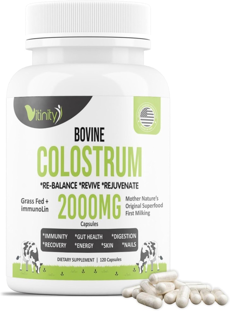 VITINITY Grass Fed Bovine Colostrum Capsules for Humans - Natural IgG Colostrum Supplement for Gut Health, Immune Support, Muscle Recovery & Wellness | Pure Colostrum Superfood, Unflavored (120 Count)